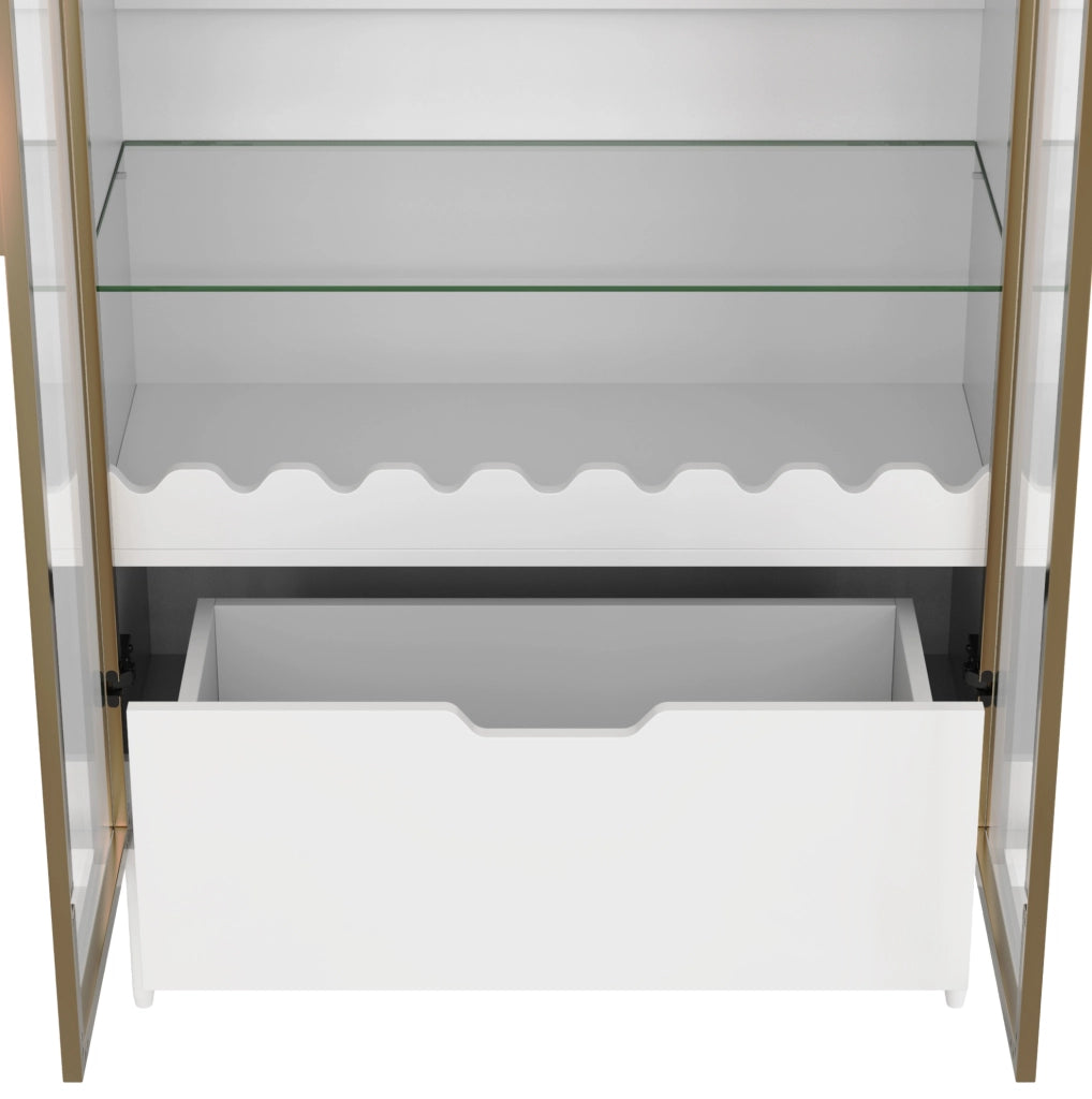 Mobile alto contenitore in MDF bianco e oro con ripiani regolabili e cassetto