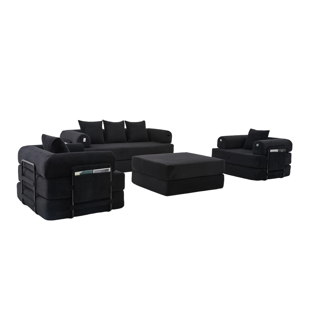Set divano modulare 3 posti con poltrona e pouf in velluto a coste nero