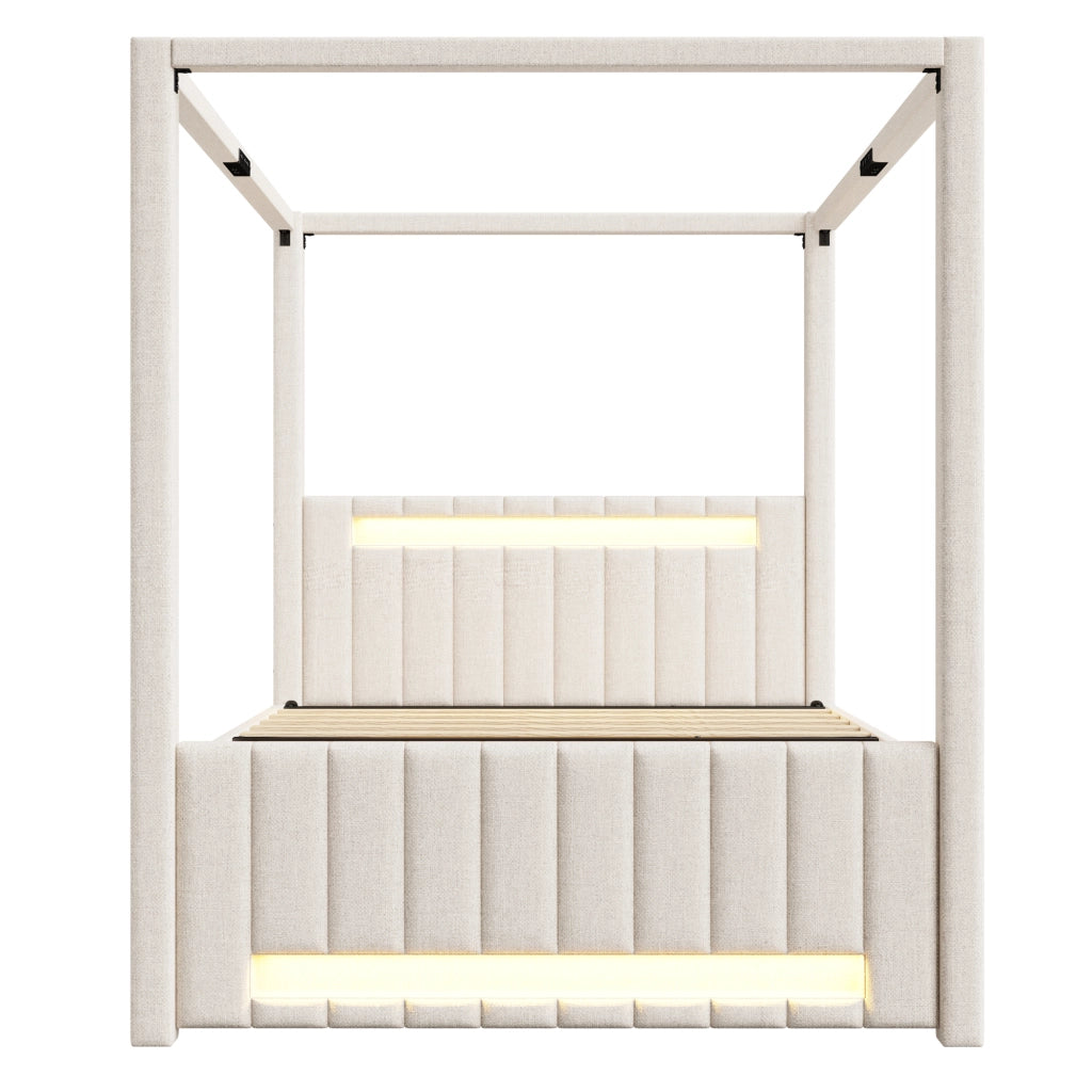 Letto a baldacchino imbottito 140x200 cm per adulti con letto estraibile; LED e 3 cassetti; lino beige