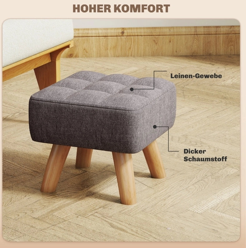 Pouf con Gambe in Legno di Gommello e Rivestimento Effetto Lino, Grigio, 27x27x26 cm