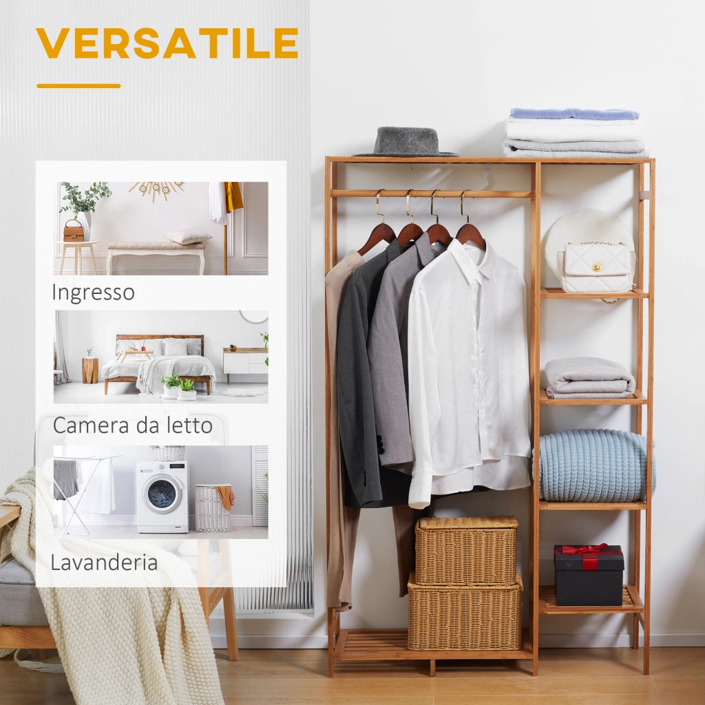 Stand Appendiabiti in Bambù con Scaffale a 6 Livelli e Barra, 90x30x145 cm, Salvaspazio per Casa, Legno Naturale