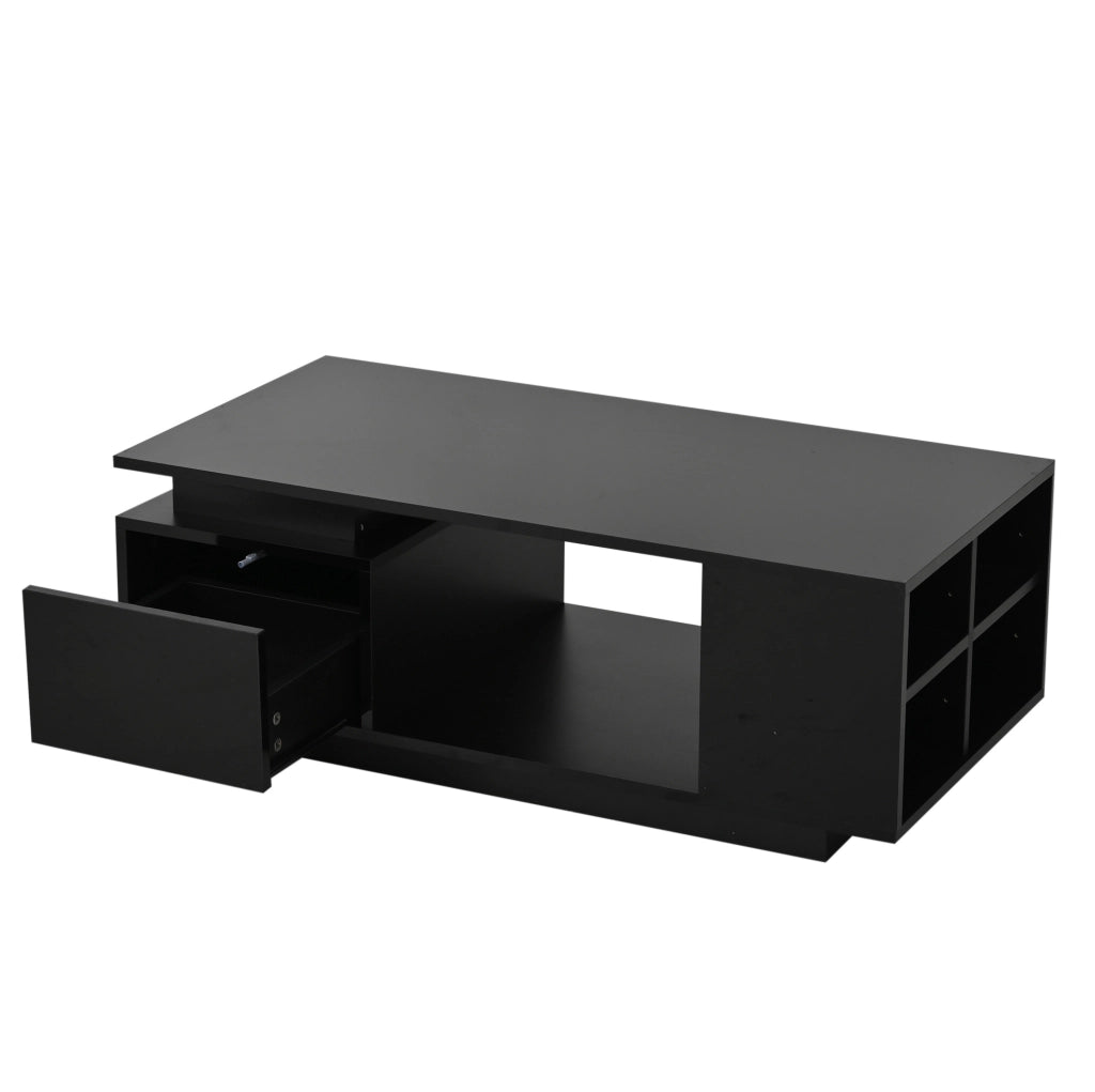 Tavolino da caffè 100x50 cm nero lucido con LED; cassetto e vani laterali HOMVRA