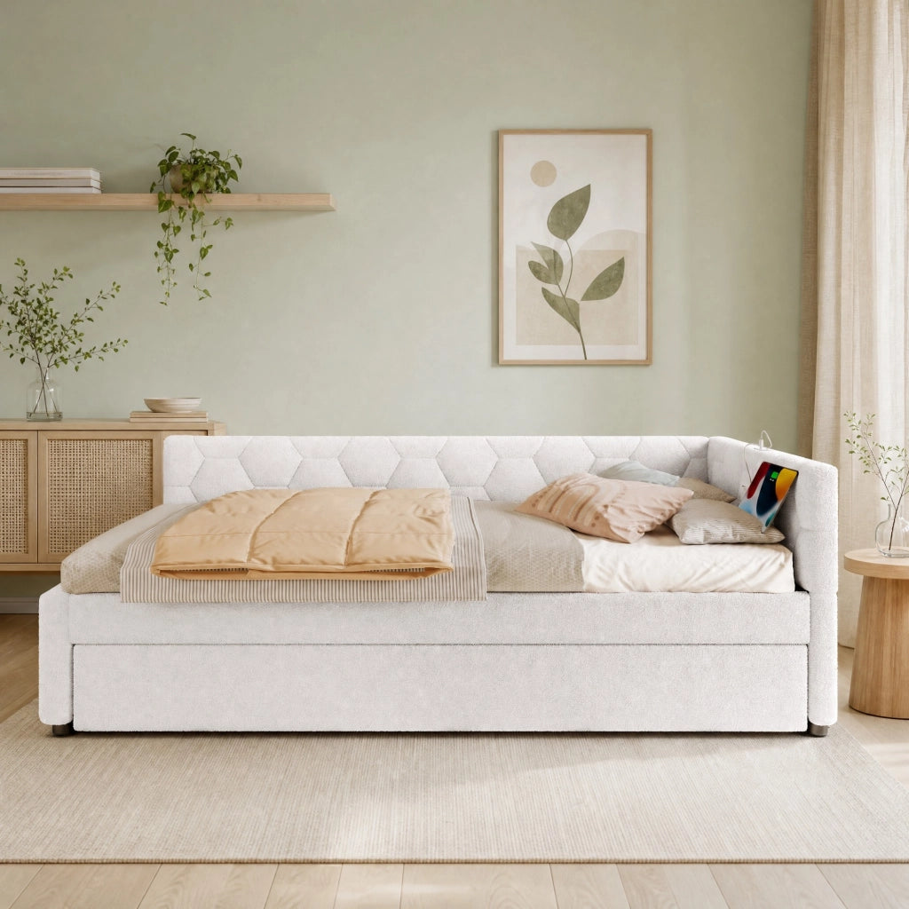 Letto con letto estraibile 90 × 200 cm con USB Type-C e lampada da comodino rivestito in bouclé bianco