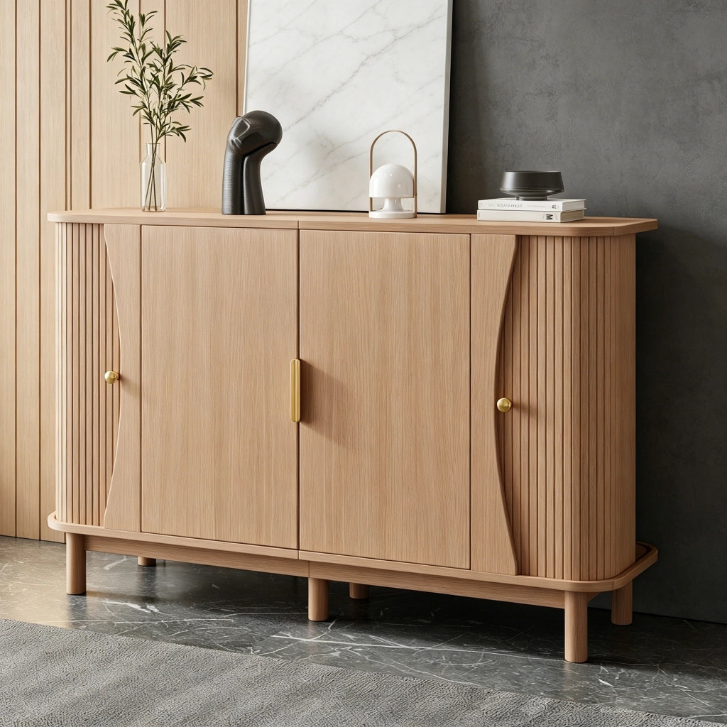 Credenza con 2 ante scorrevoli e ripiano regolabile, per soggiorno e ingresso, in MDF naturale, 140 × 40 × 88 cm