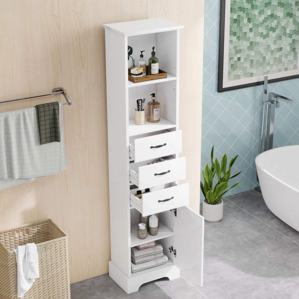 Armadio bagno salvaspazio 38x26x172;5 cm in MDF laccato bianco con 3 cassetti
