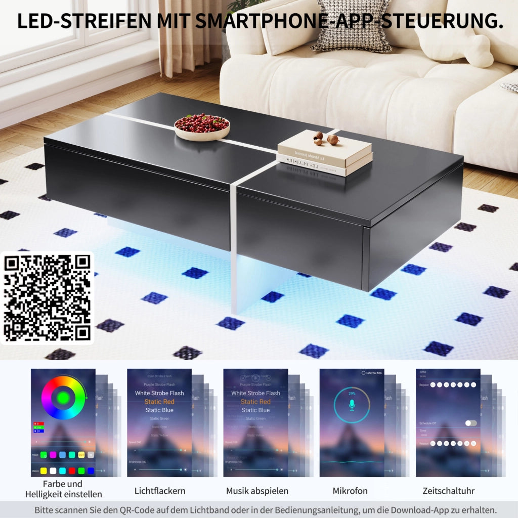 Tavolino da caffè nero e bianco a effetto lucido con illuminazione LED controllata via app, 100x50x34,5 cm