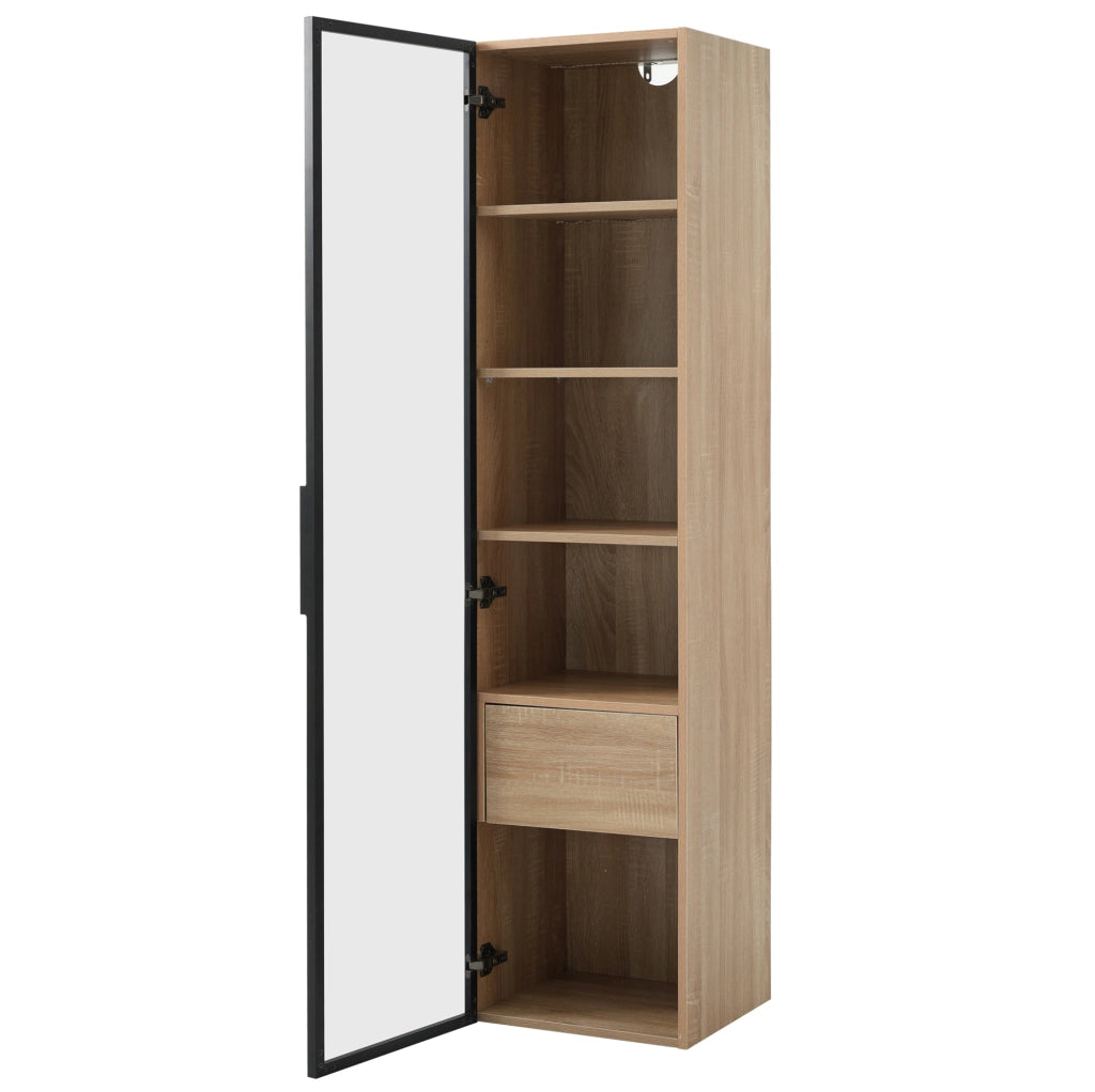 Mobiletto da bagno medio con luce, 40 cm di larghezza, 1 cassetto grande e 1 anta in vetro temperato