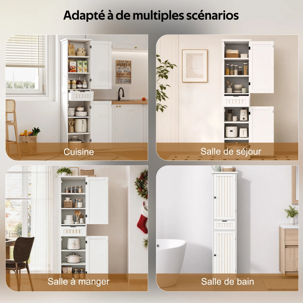 Mobile dispensa da cucina 170x40x30 cm in MDF bianco con 4 ripiani regolabili e sistema antiribaltamento