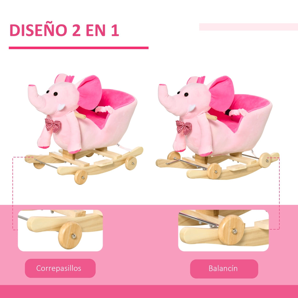 Cavallo a Dondolo con Ruote Forma Elefante ¨C Xylo ¨C Rosa 60x35x45 cm con Musica