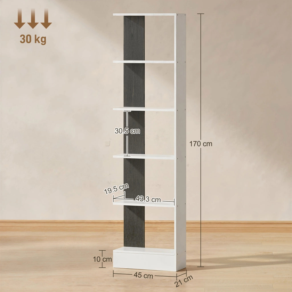Libreria Moderna Salvaspazio a 5 Ripiani in Legno 45x21x170 cm, Bianco e Nero