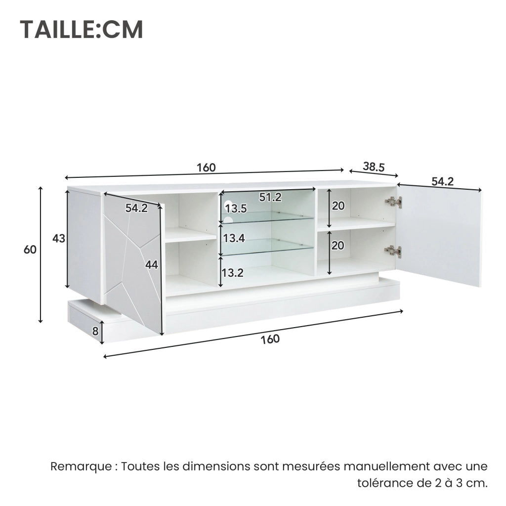 Mobile TV con ripiano in vetro regolabile e 2 vani; per TV fino a 70 pollici; bianco 160 × 38.5 × 60 cm