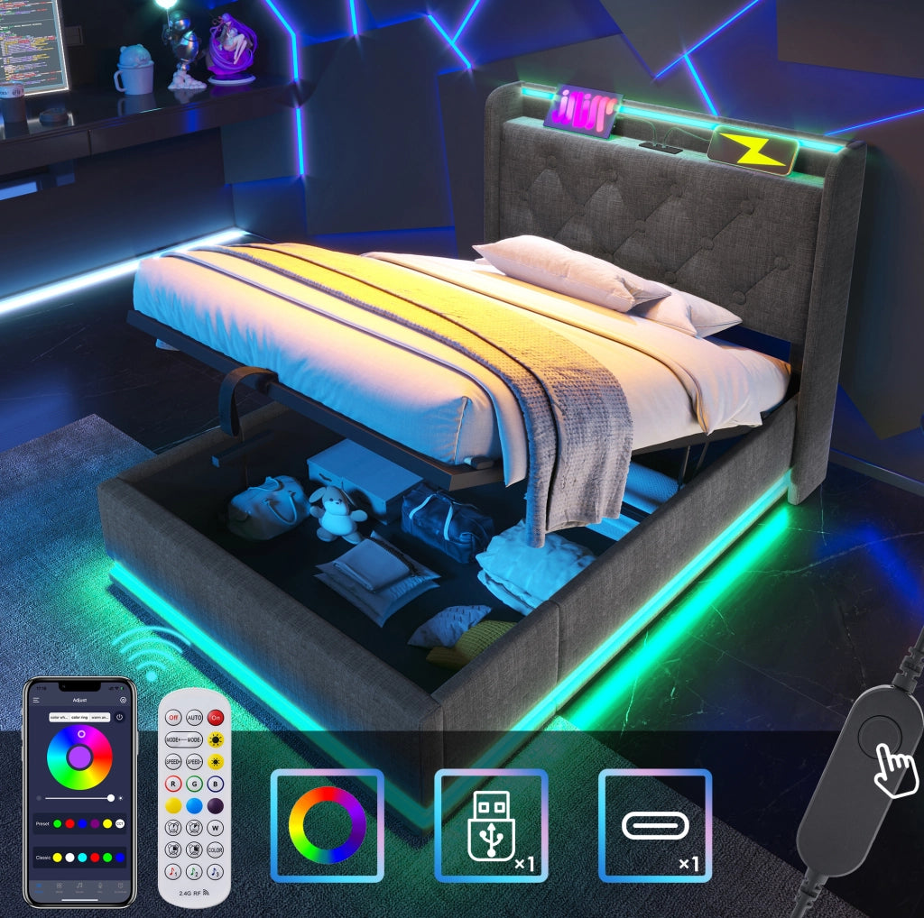 Letto singolo 90x200 cm con contenitore; LED 360°; USB-C e testiera in lino grigio