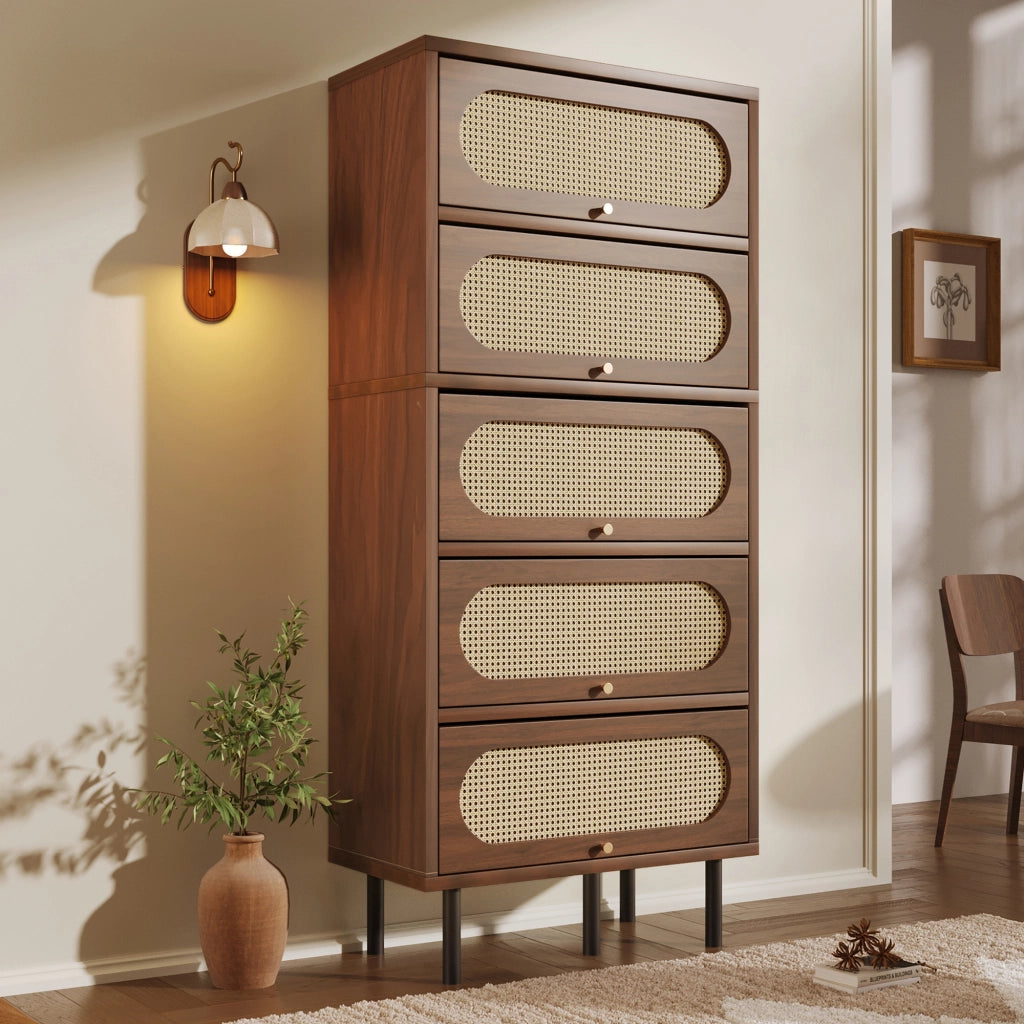 Madia con 5 ante a ribalta in legno effetto noce e rattan con gambe in metallo 80 × 40 × 163 cm