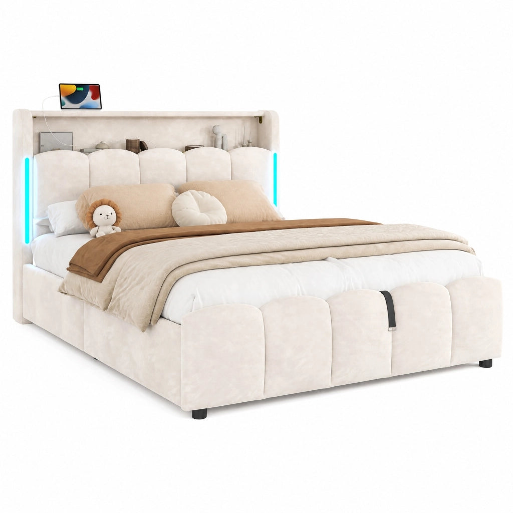 Letto matrimoniale imbottito 140x200 cm in velluto beige con LED; contenitore e porte USB Type-C