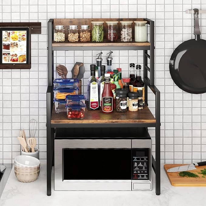 Supporto per Microonde a 3 Ripiani, Organizzatore da Cucina Industriale con 2 Mensole Aperte, Porta Spezie Salvaspazio con Struttura in Metallo, Carico 50 kg, 52x42x78 cm