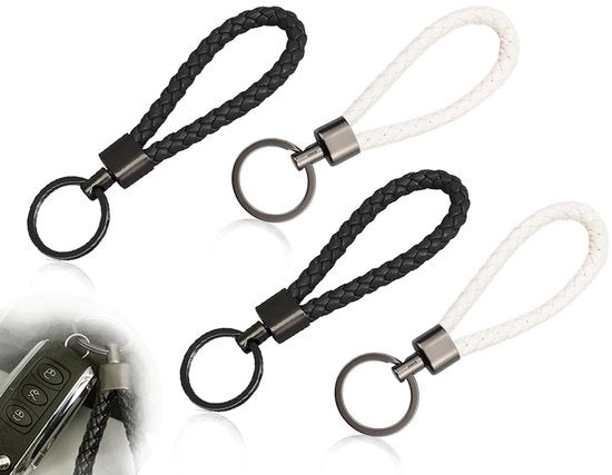 Set di chiavi in pelle di alta qualità a 4 pezzi - Chiavi in pelle con cinturino intrecciato - Chiusura metallica - Utilizzabile per auto, moto, bicicletta e casa - Materiale PU in pelle - Anello per chiave con cinturino in pelle