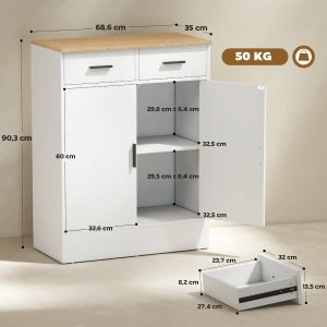 Credenza e madia con 2 cassetti e ripiano regolabile, per cucina e soggiorno, legno bianco, 68,6 × 35 × 90,3 cm