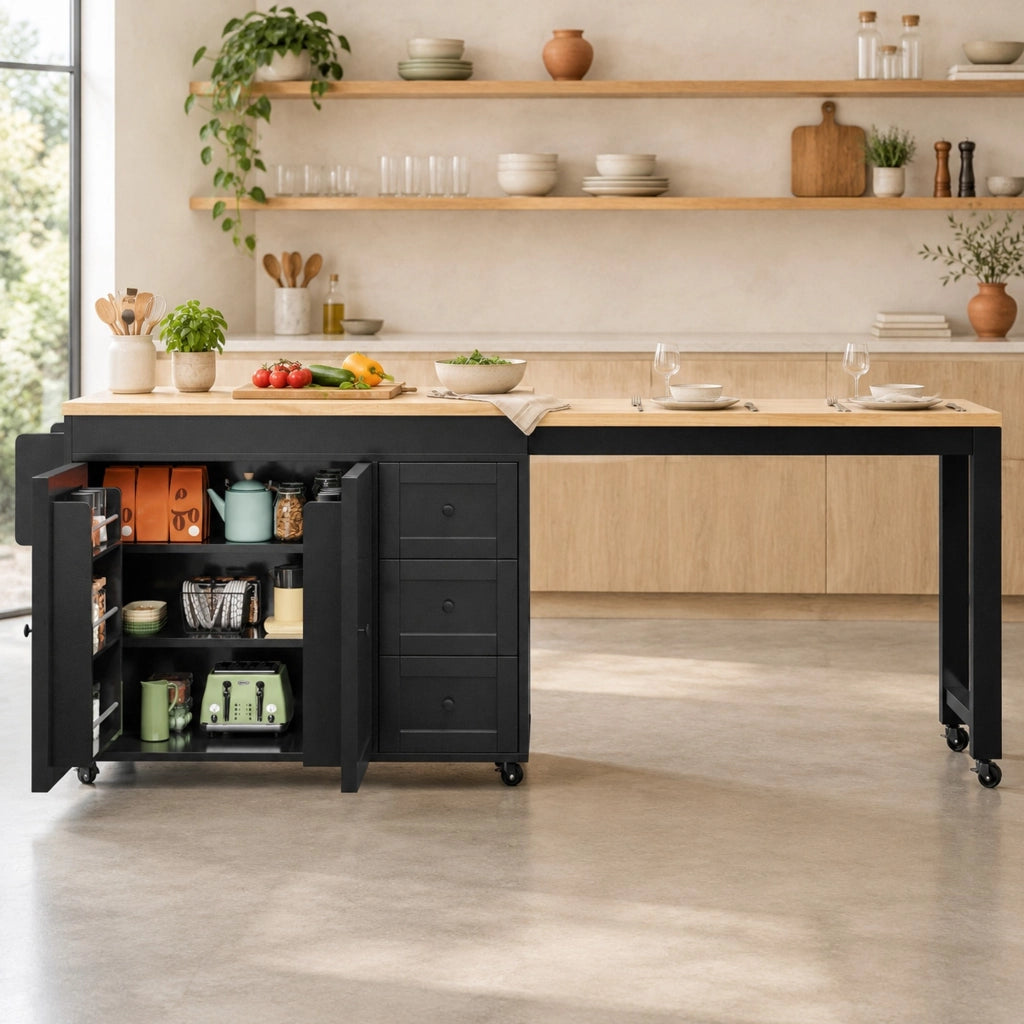 Mobile base da cucina con piano allungabile; 3 cassetti; armadio e ruote in MDF nero 116–179.5 × 45 × 89 cm