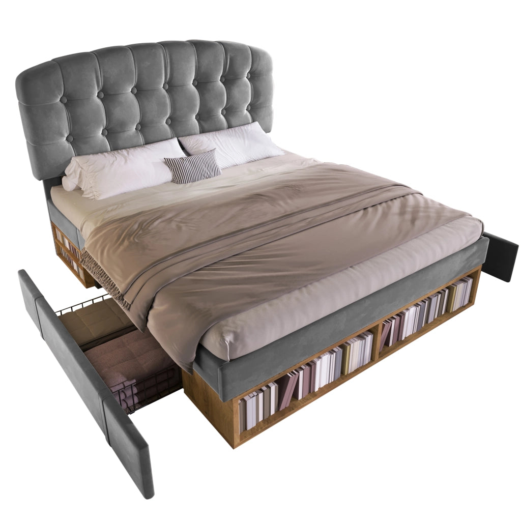 Letto matrimoniale 140 × 200 cm 2 posti con 2 cassetti e vani; senza materasso; in velluto grigio