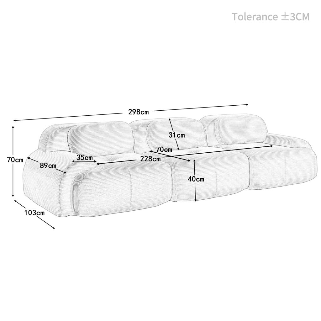 Divano 3 sedili modulari 298x103x75 cm; senza struttura; braccioli ergonomici; rivestimento ad alta elasticità; antiscivolo; velluto a coste; verde