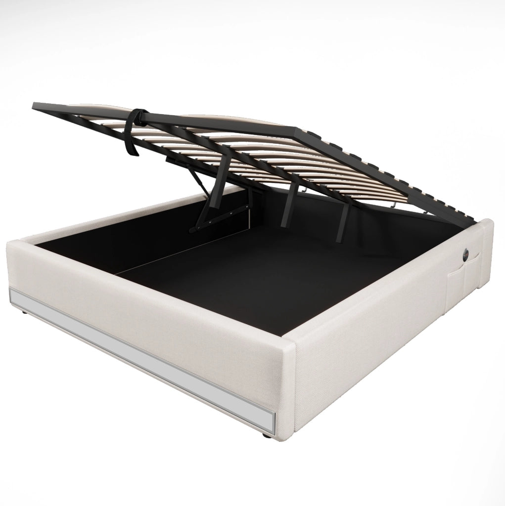 Letto imbottito 140x200 cm beige con LED, USB/Type-C e vano contenitore