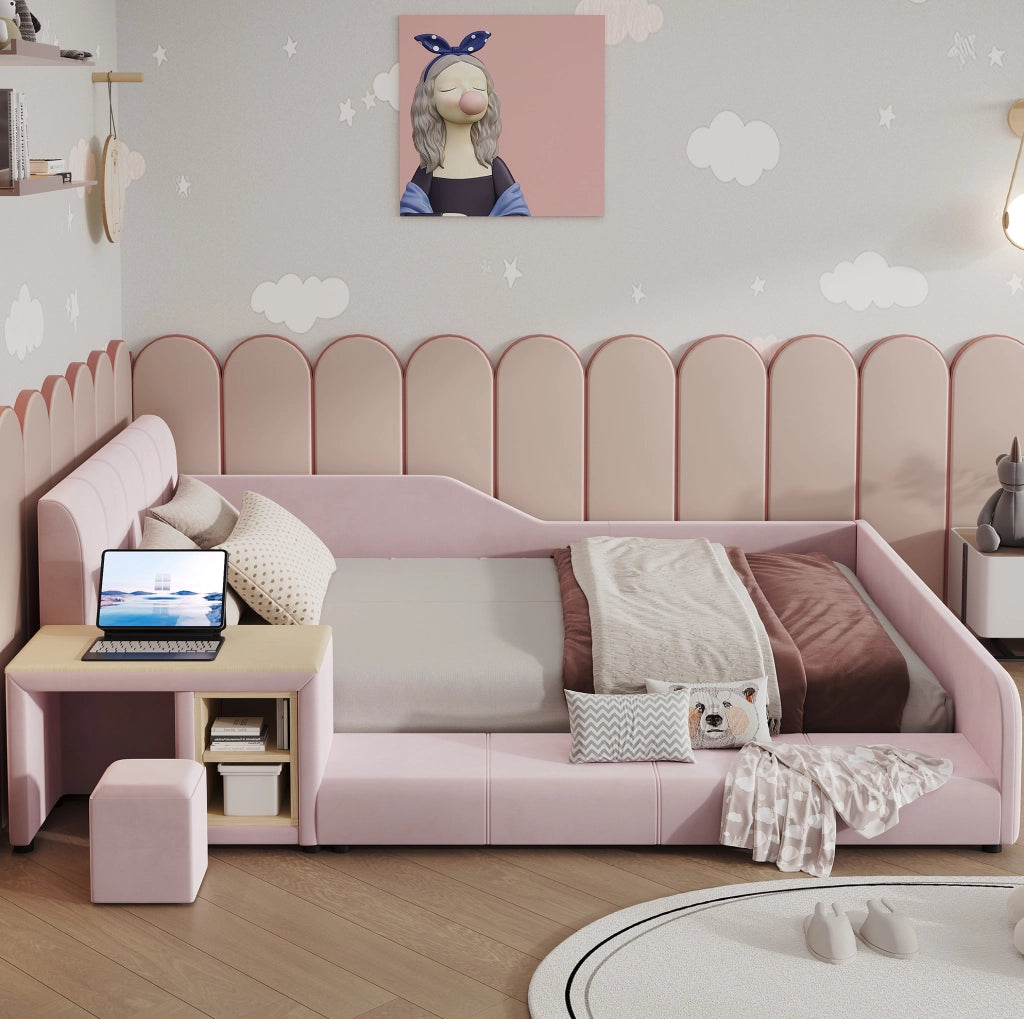 Letto imbottito rosa 140x200 con scrivania e sgabello