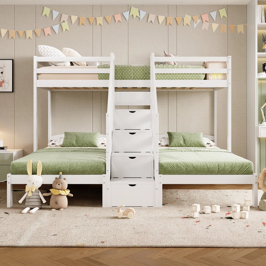 Letto a castello a tre letti 90 × 200 cm in legno di pino e MDF bianco con scala contenitore e sponde