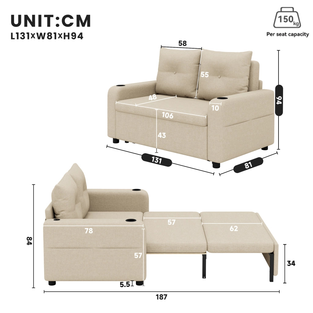 Divano Letto 3-in-1 Beige in Tessuto Effetto Lino con Porta Bicchieri e USB, 131x81x94 cm