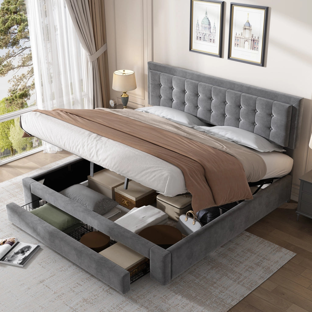 Letto con contenitore 160 × 200 cm con testiera regolabile e cassetti in rete metallica rivestito in velluto grigio