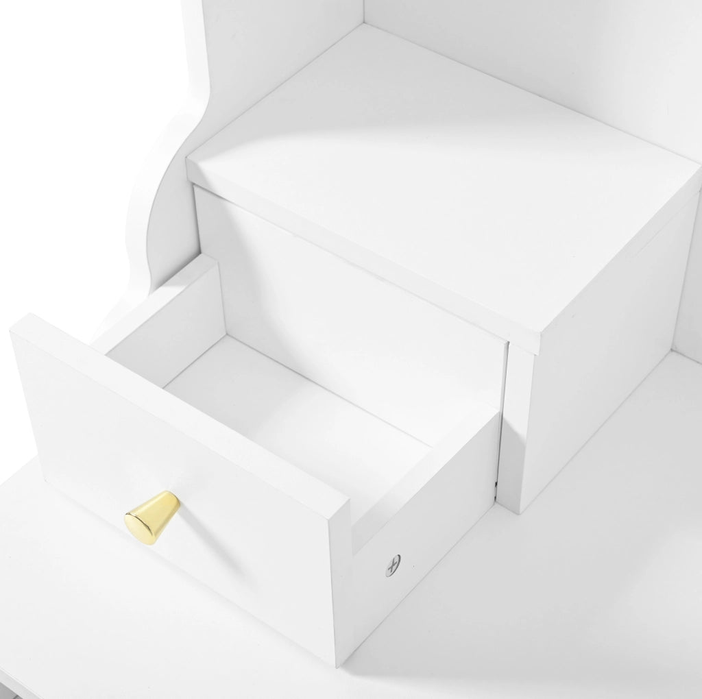 Toeletta con specchio illuminato regolabile, prese integrate, 6 cassetti e 4 ante per ordine