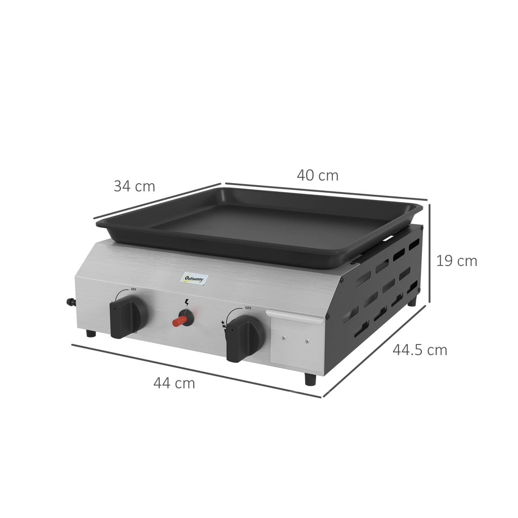 Piastra Barbecue a Gas con 2 Bruciatori Regolabili 4.8kW, Piano Antiaderente Compatto per Giardino ed Esterno, Argento