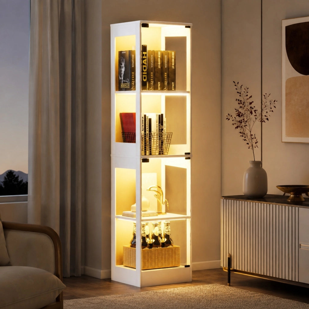 Vetrina con ante in vetro LED a tre colori e sensore di movimento in MDF bianca per soggiorno 40 × 35 × 165 cm
