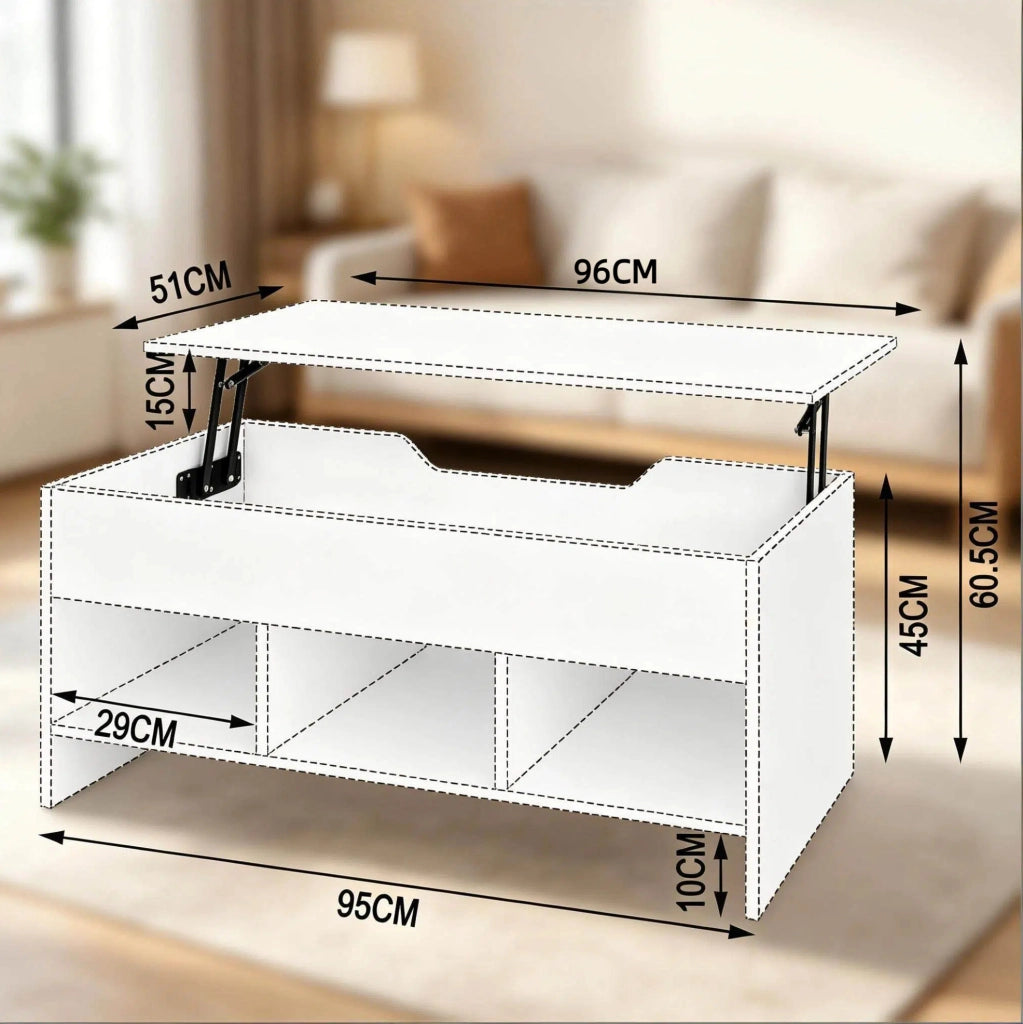 Tavolino Trasformabile Multifunzionale in Legno Bianco 96x45x51 cm con Piano Ribaltabile