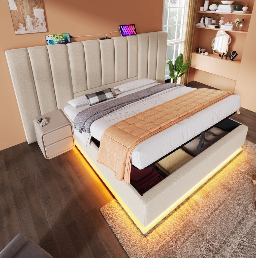 Letto contenitore 160x200 cm in lino beige, LED e USB-C, senza materasso/comodino