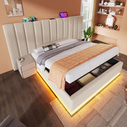 Letto contenitore 160x200 cm in lino beige, LED e USB-C, senza materasso/comodino