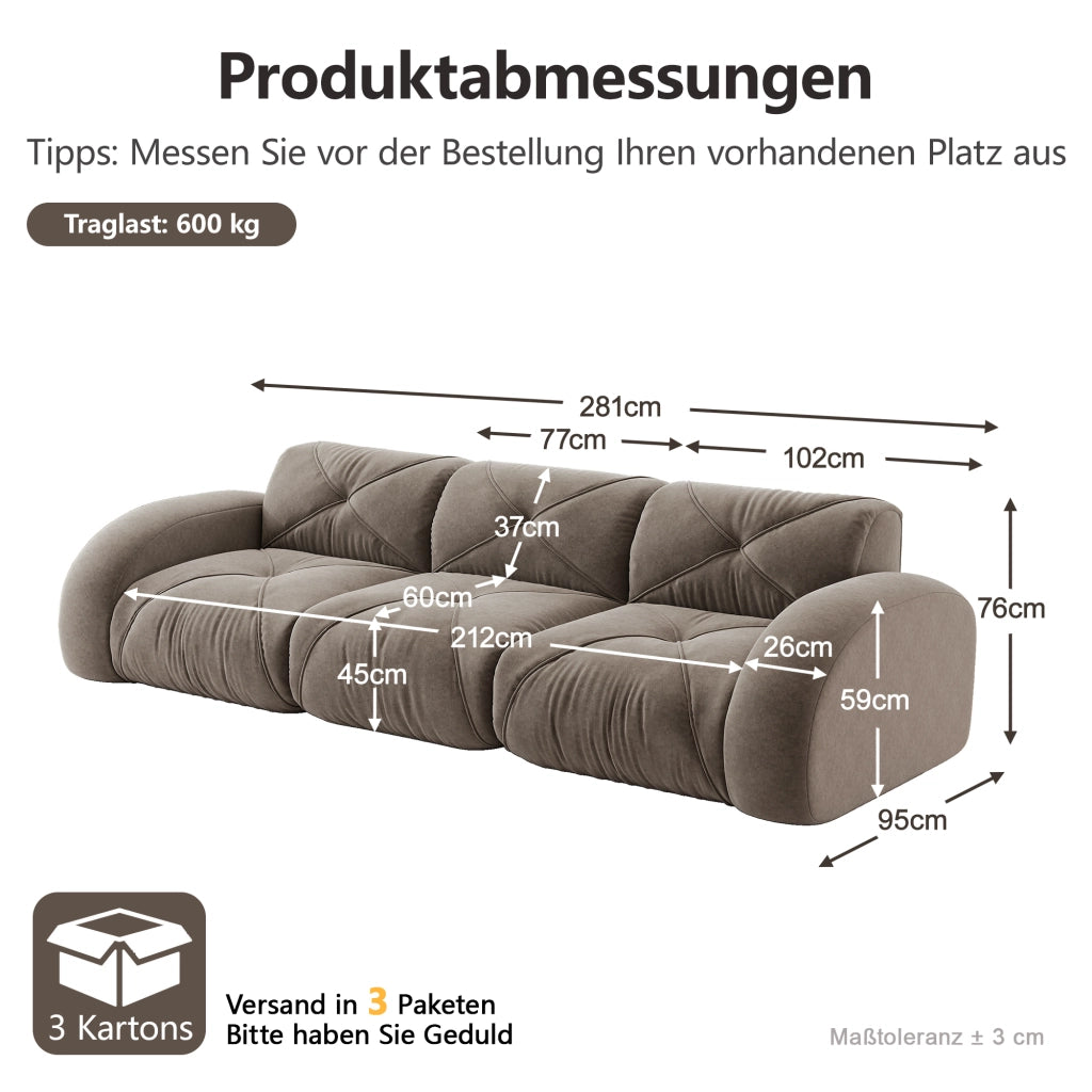 Divano modulare senza struttura interna in ciniglia taupe con schiuma 32D design basso 281 × 95 × 76 cm