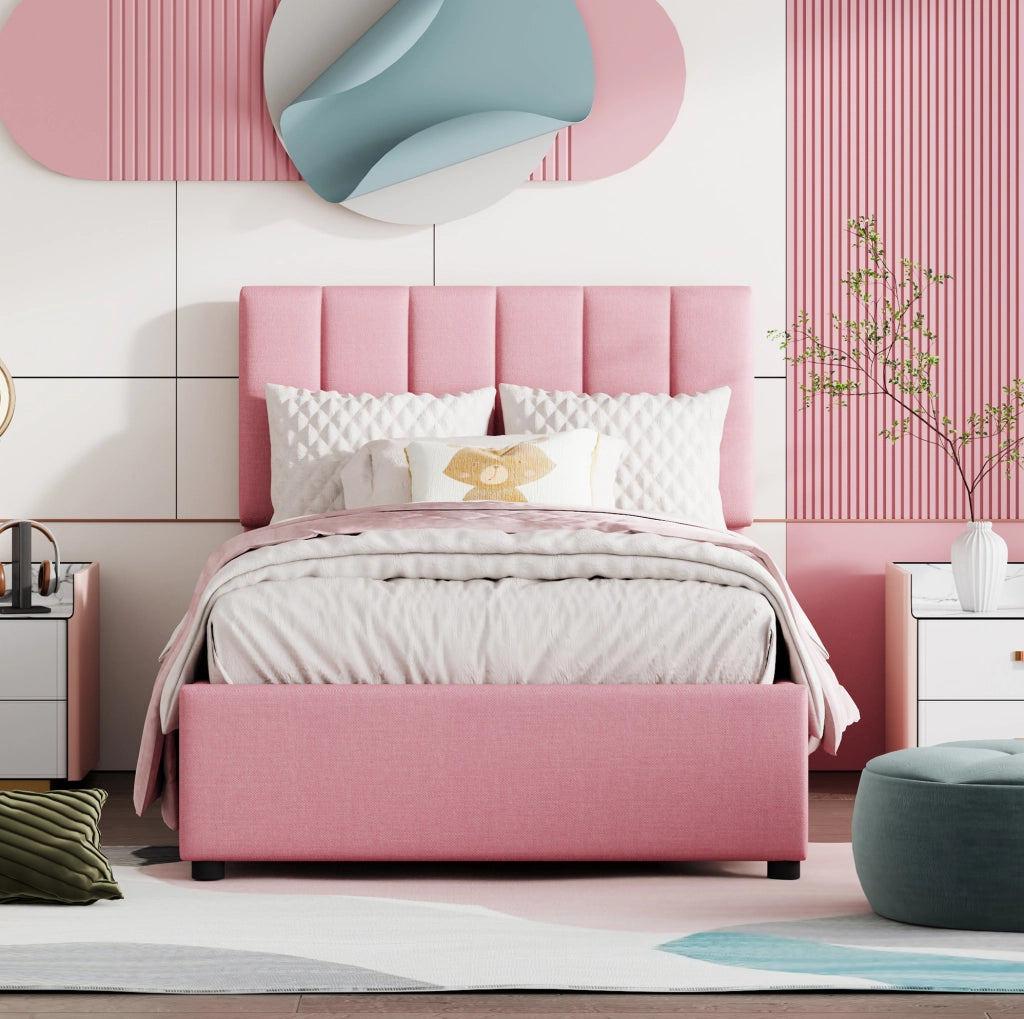 Letto imbottito singolo rosa 90x200 cm con contenitore idraulico