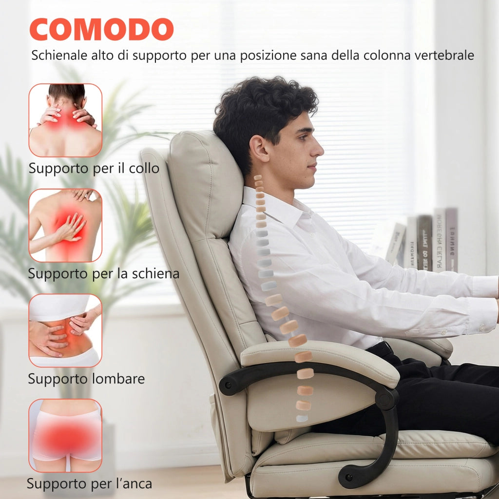 Sedia da ufficio massaggiante e riscaldata in pelle PU grigio chiaro, reclinabile a 135° con poggiapiedi ergonomica per casa e studio