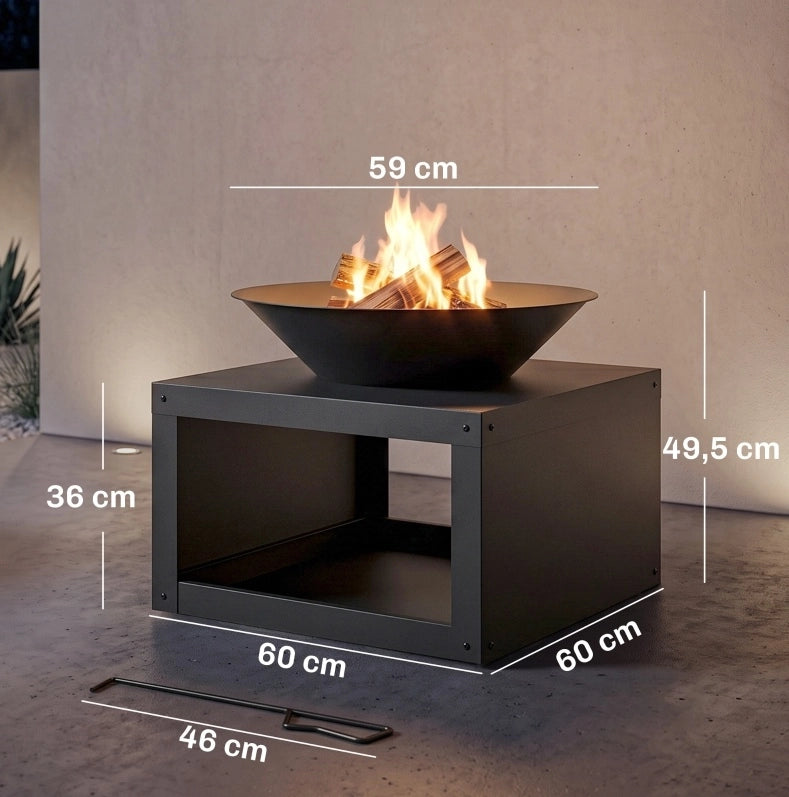 Braciere da esterno Ø59 cm nero in metallo con ripiano per legna