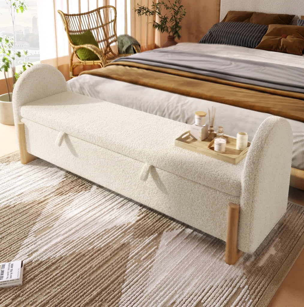 Panca Contenitore Bianca 186x47x61 cm con Rivestimento in Tessuto Chenille Bouclé e Gambe a U in Legno di Gommifero