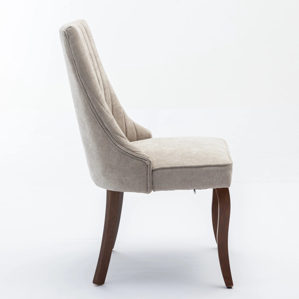 Sedia da sala da pranzo imbottita in ciniglia con schienale alto, gambe in legno massello e piedini regolabili beige