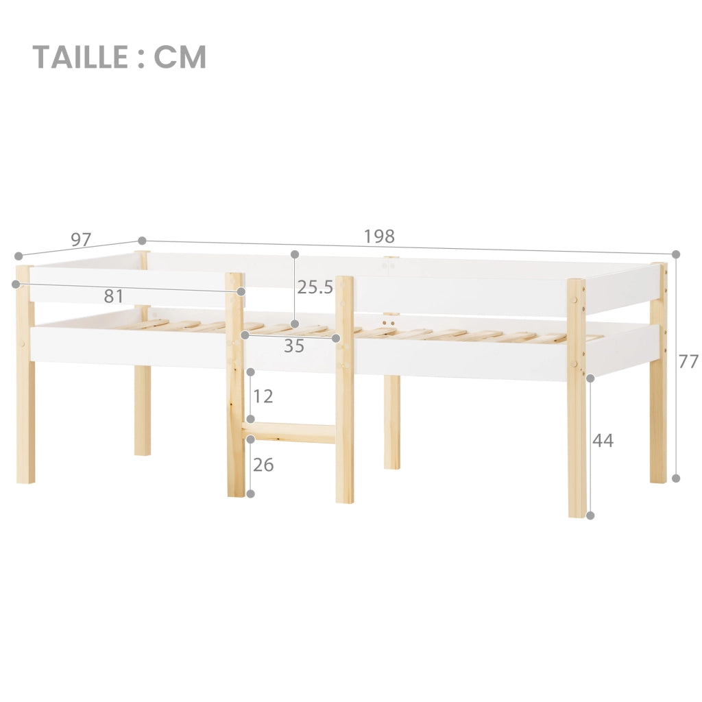 Letto per bambini 90 × 190 cm con barriera anticaduta e scaletta, senza materasso, in pino massello bianco
