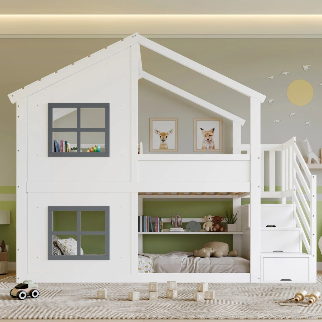Letto a castello per bambini 90x200 cm bianco e grigio in pino e MDF con tetto; finestre e scala contenitore