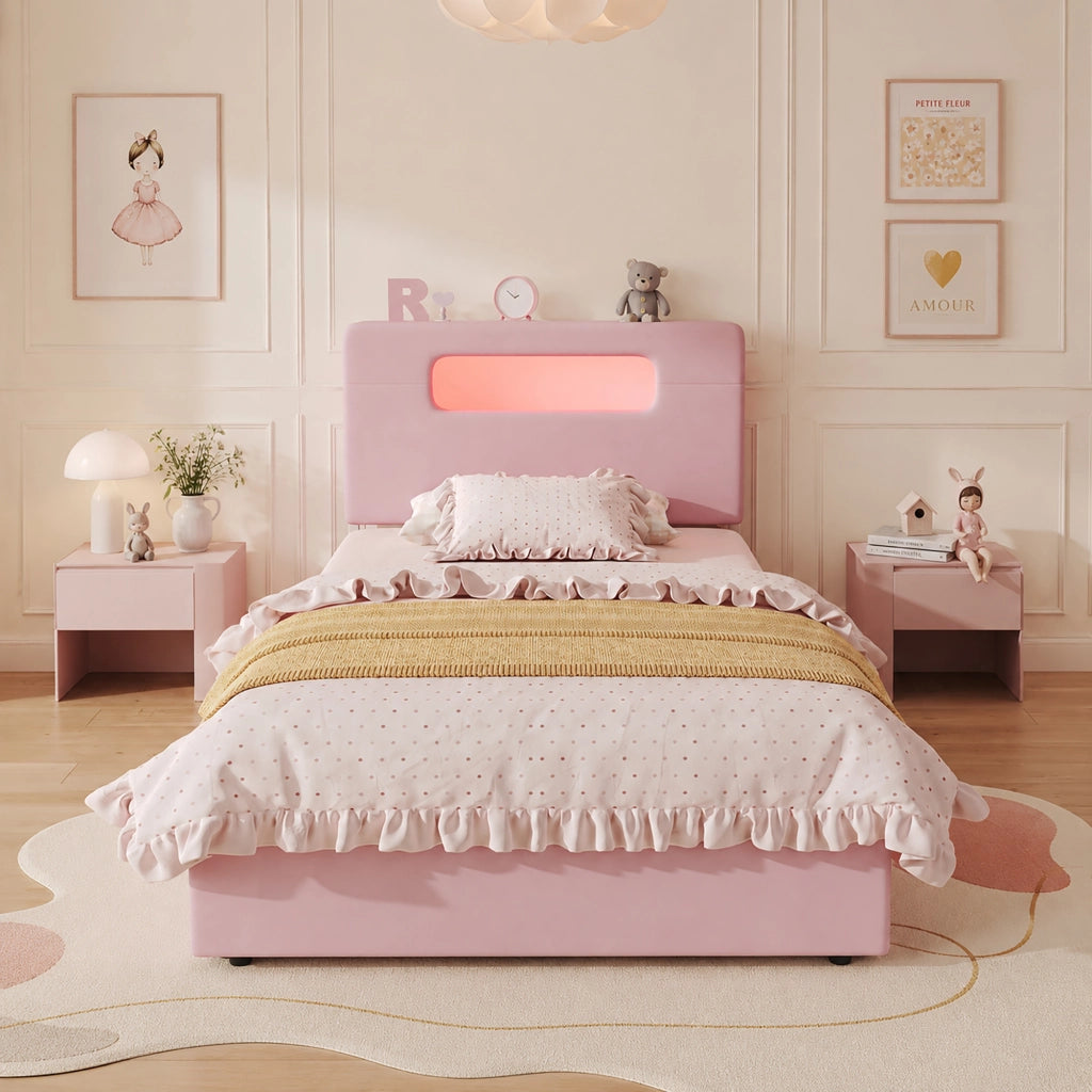 Letto per bambini 90 x 200 cm con 4 cassetti e LED via app, letto singolo in velluto con testiera contenitore, rosa, design moderno