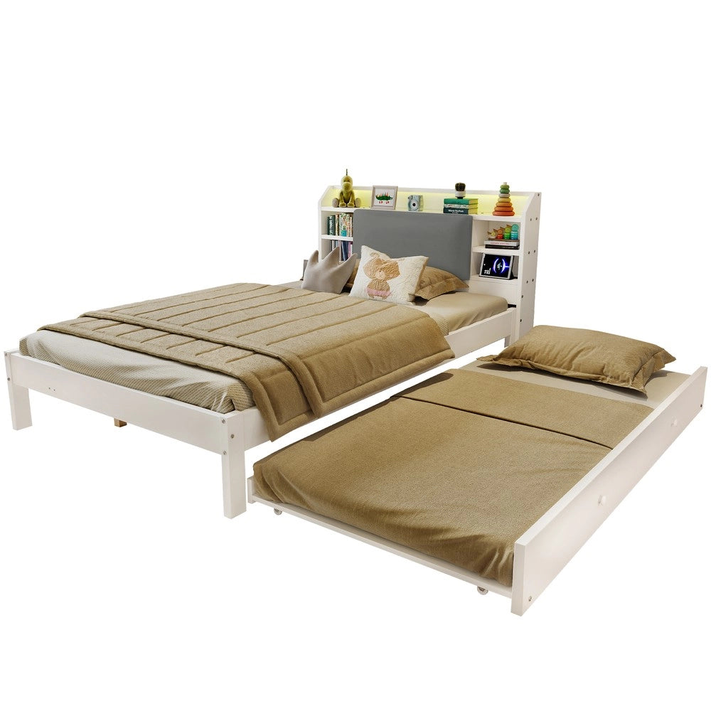 Letto in legno con letto estraibile e testiera imbottita LED ¨C Minimal ¨C Bianco 120x200 cm, letto estraibile 90x190 cm