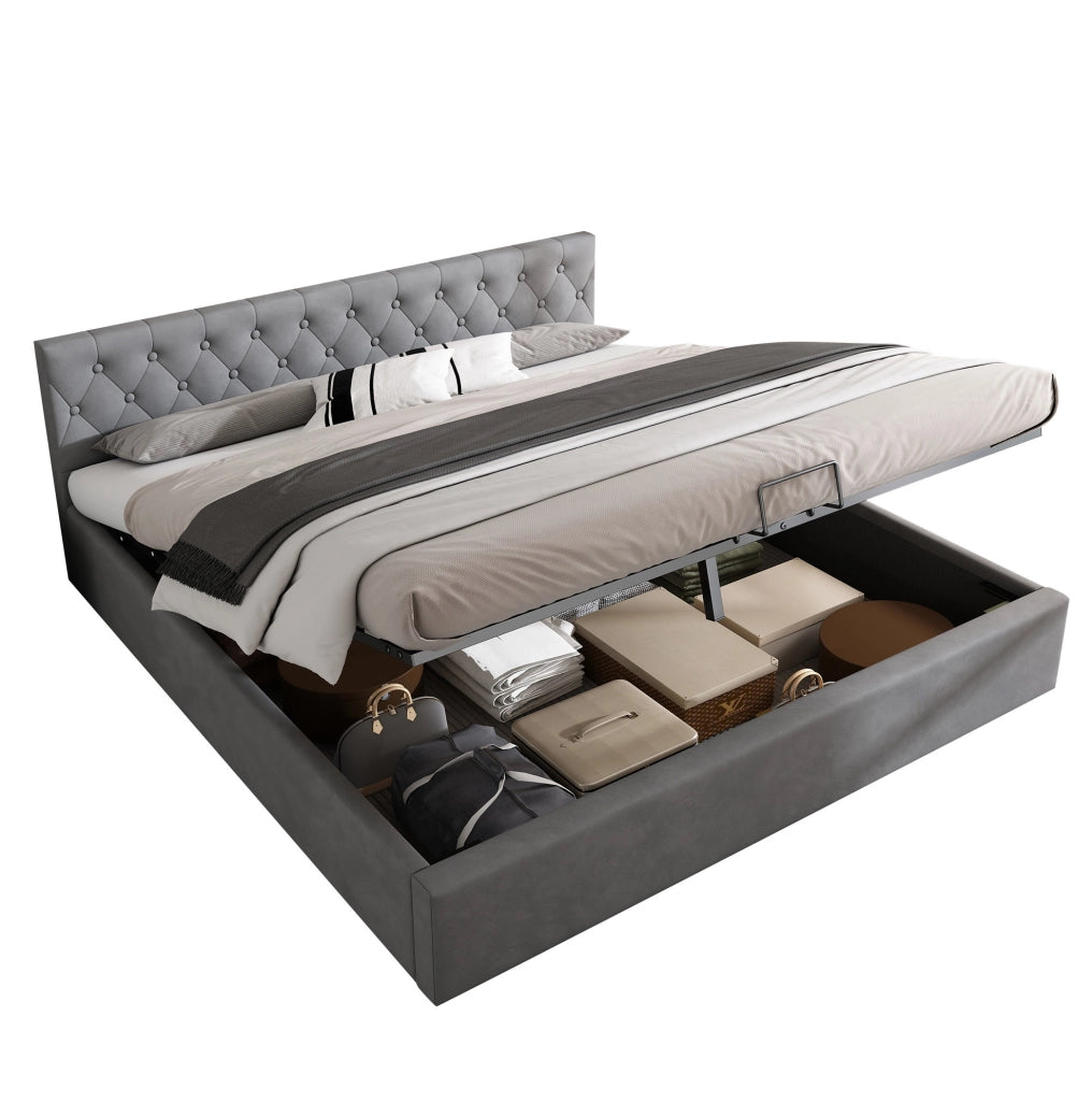 Letti contenitori  180x200 cm in velluto grigio con contenitore， senza materasso –