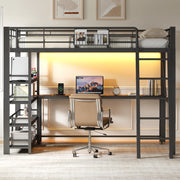 Letto a soppalco 140 × 200 cm con scrivania ripiani LED USB in metallo e MDF nero