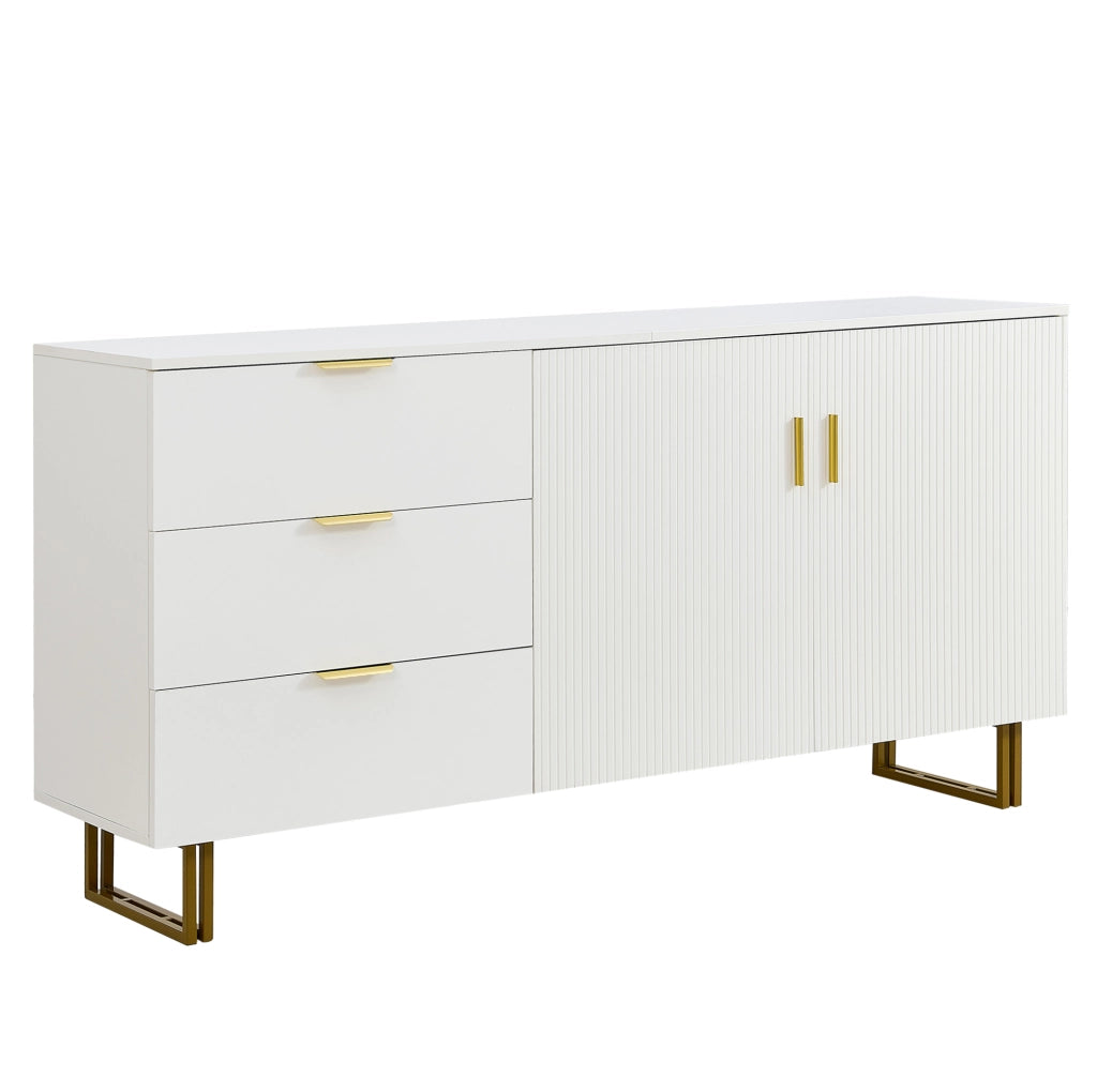 Credenza ULEVR 160x40x81,5 cm con 2 ante e 3 cassetti, mobile contenitore in MDF bianco con gambe in acciaio