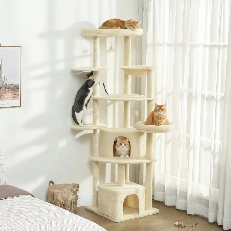 Tiragraffi per Gatti Multi-Livello con Amaca e Cucce; Altezza 200 cm; Beige