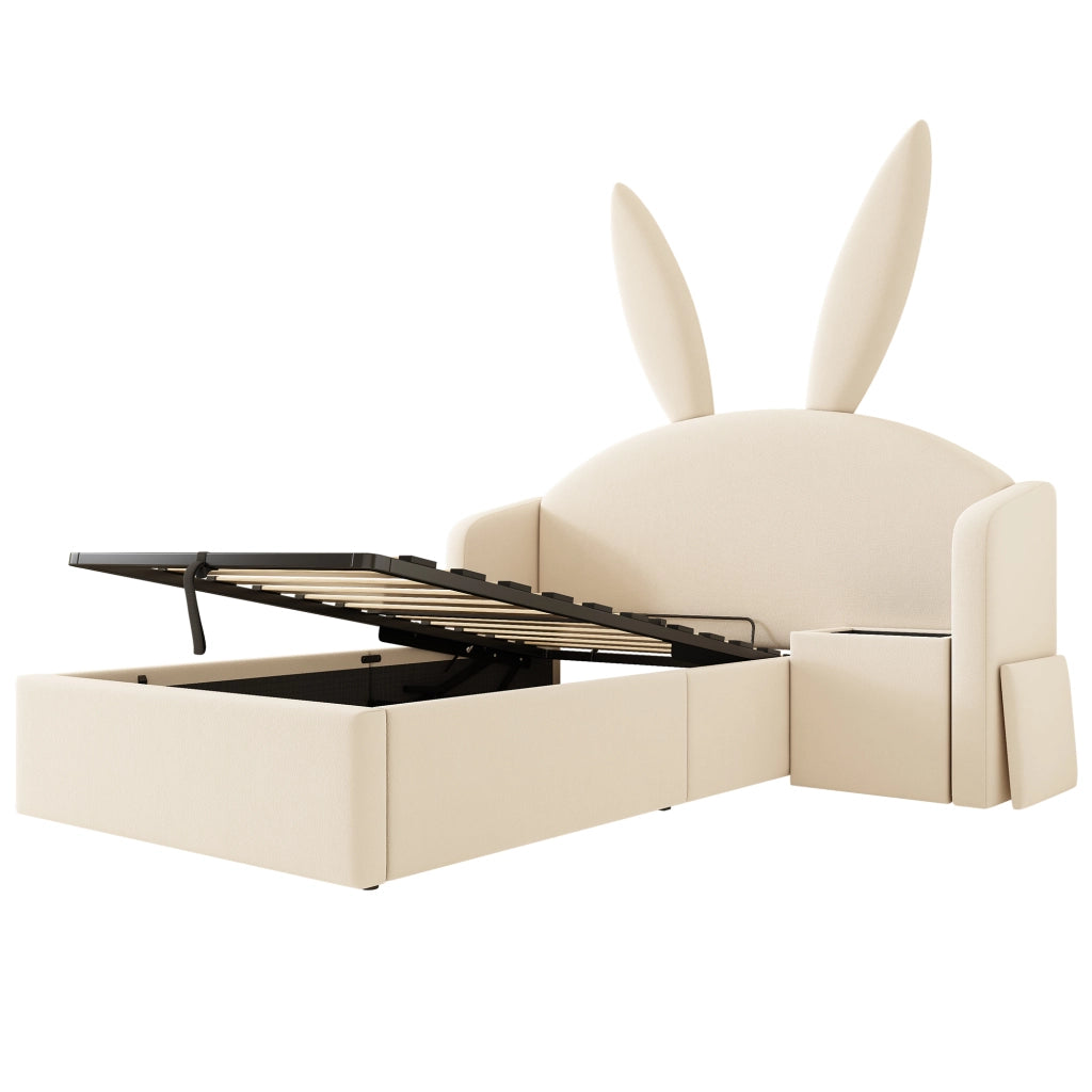 Letto per bambini 90 × 190 cm con contenitore idraulico e comodino; senza materasso; in velluto beige